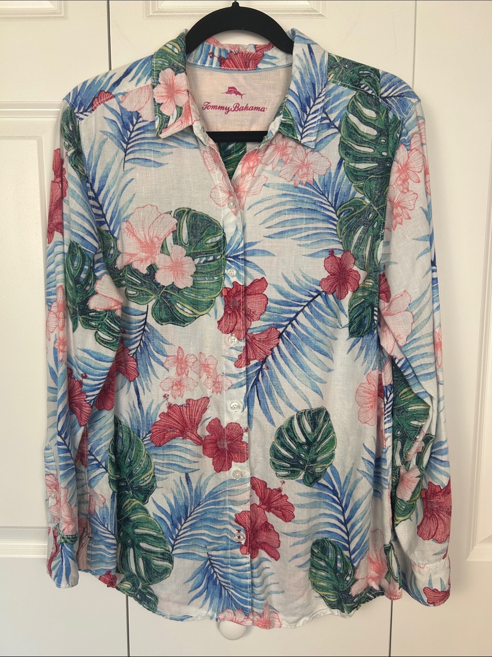 Tommy Bahama White Floral Button-Down Shirt with Pink & Green Print Size Large